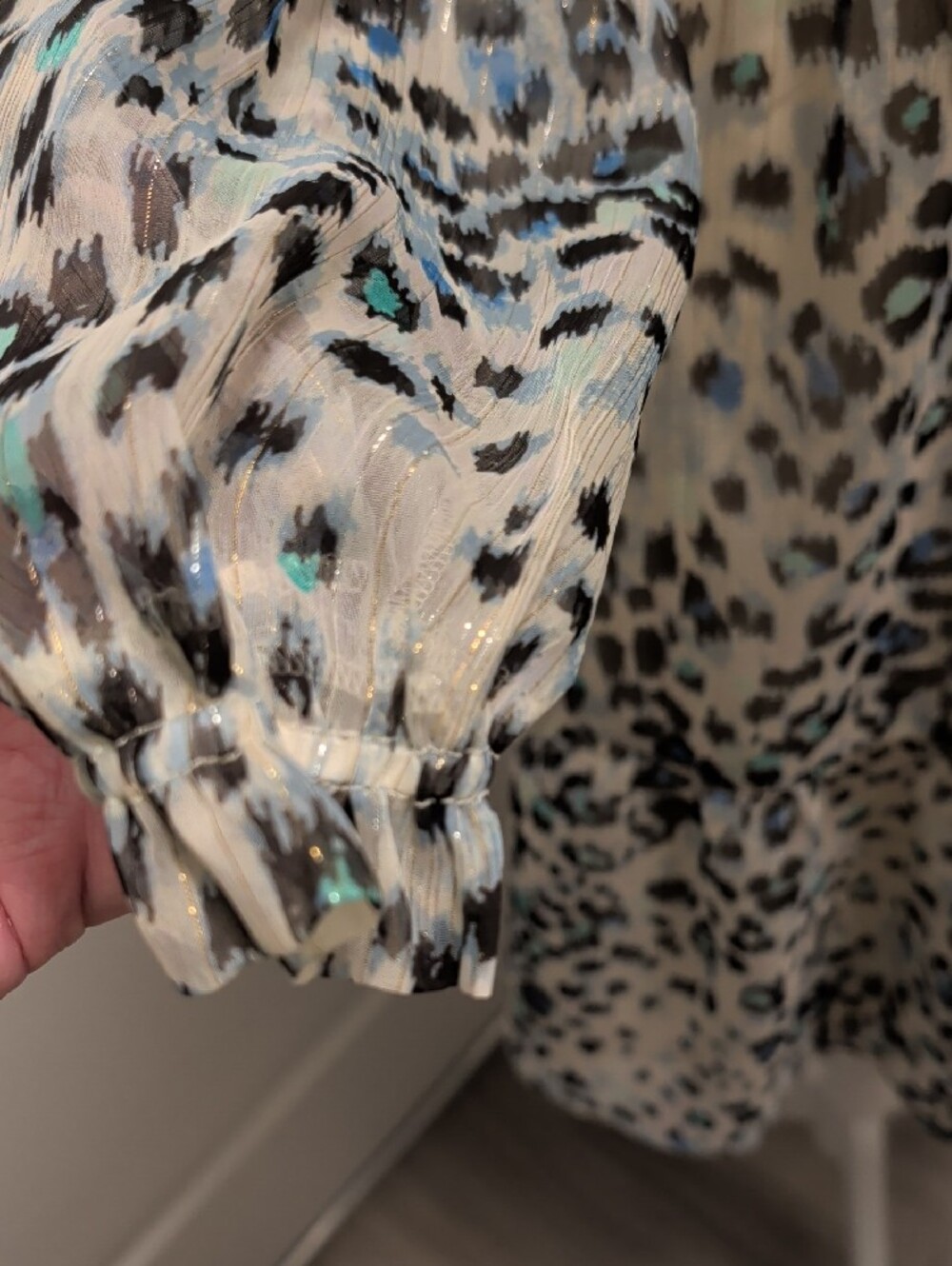 LOFT- Size M Ivory Leopard Print Tiered Long Sleeve Dress with Aqua Accents NWT - Picture 5 of 15